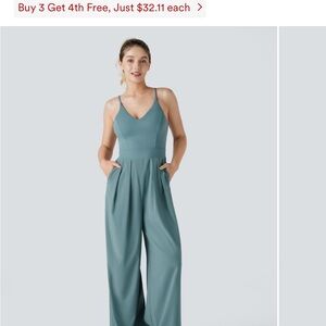 HALARA Blue Jumpsuit with V-Neck and Wide-Leg Design